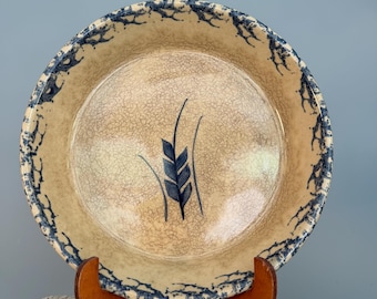 Vintage Robinson Ransbottom Spongeware Pie Plate | Blue Wheat Design Stoneware | Crazed Farmhouse Primitive Decor | RRP Ohio