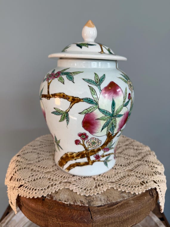 Vintage Chinese Porcelain Ginger Jar with Lid | Famille Rose Style Peach Blossom Decor | Chinoiserie Vase