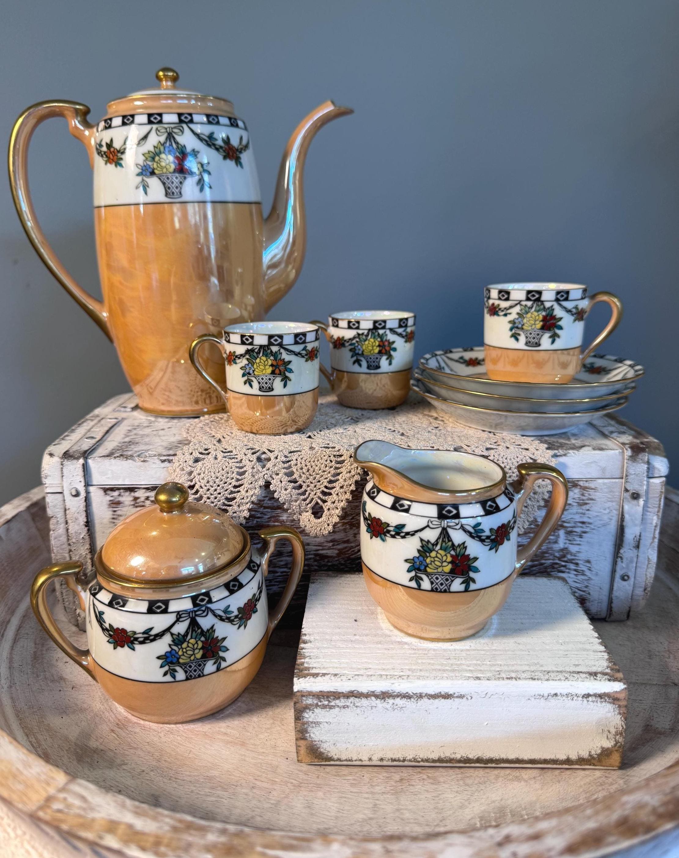 Vintage Noritake Demitasse Lusterware Tea Set Japan Peach Lustre