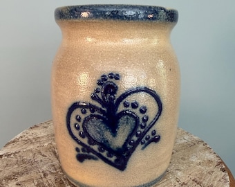 Jarra de cerámica vintage de Beaumont Brothers con corazón azul cobalto / Gres con esmalte de sal azul cobalto BBP / Arte popular / Estilo rústico campestre