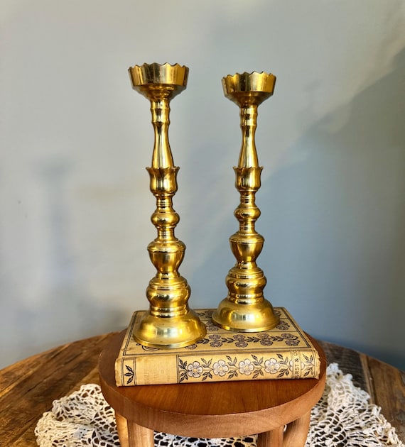 Vintage Brass Candle Holders Made in Japan | Sony Brass Pillar Candle Holders | MCM Decor