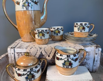 Vintage Noritake Hand-painted Peach Luster Tea & Coffee Set | Gold