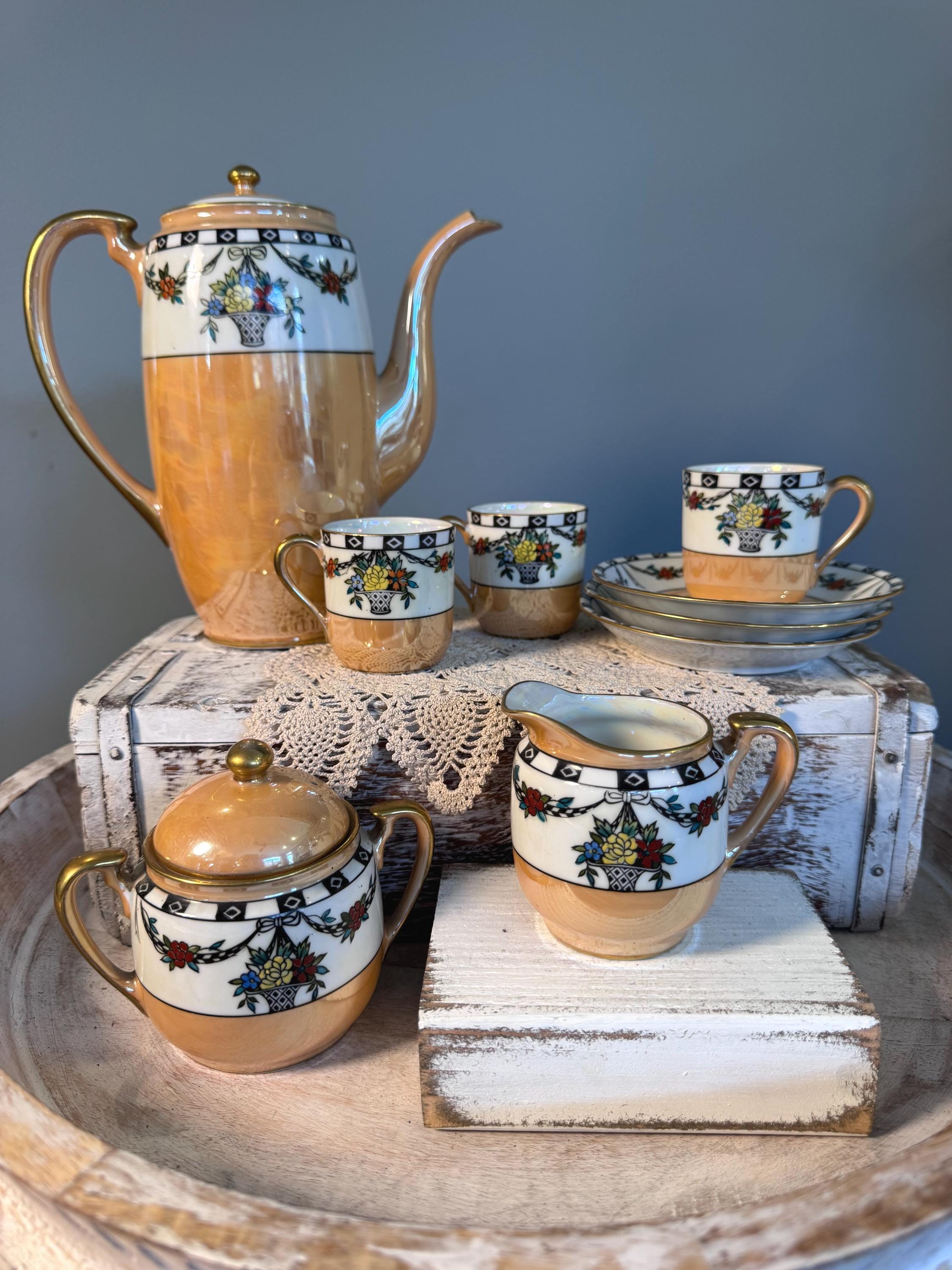 お値下げ❀NORITAKE❀15点ティーセット❀未使用品 Vintage Noritake Demitasse Lusterware Tea Set Japan Peach Lustre