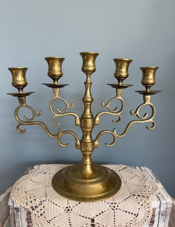 Vintage Solid Brass 5-Arm Candelabra | Traditional Scroll Design | Farmhouse Candle Holder | Mid Century Brass Decor