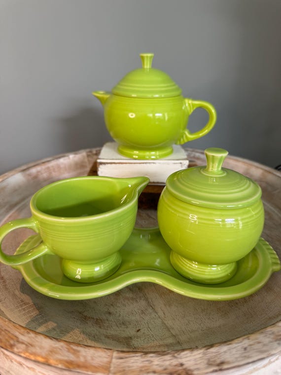 Vintage Fiesta Ware Tea Set: Chartreuse Green Teapot, Creamer