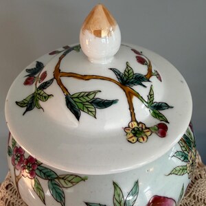 Pode incluir: Um pote de cer&acirc;mica branca com tampa correspondente e um remate pintado a ouro. A superf&iacute;cie &eacute; decorada com ilustra&ccedil;&otilde;es pintadas &agrave; m&atilde;o de ramos castanhos, folhas verdes e flores cor-de-rosa e amarelas. O pote tem uma forma arredondada.