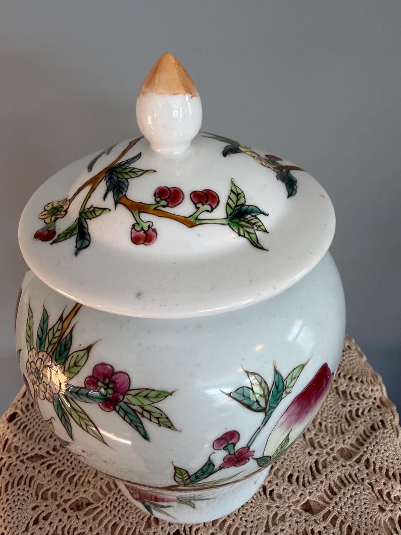 Pode incluir: Um pote de porcelana branca com tampa correspondente apresentando um remate em tom dourado. O pote e a tampa s&atilde;o decorados com motivos bot&acirc;nicos pintados &agrave; m&atilde;o, incluindo folhas verdes, flores rosas e pequenas bagas vermelhas sobre um fundo esbranqui&ccedil;ado.