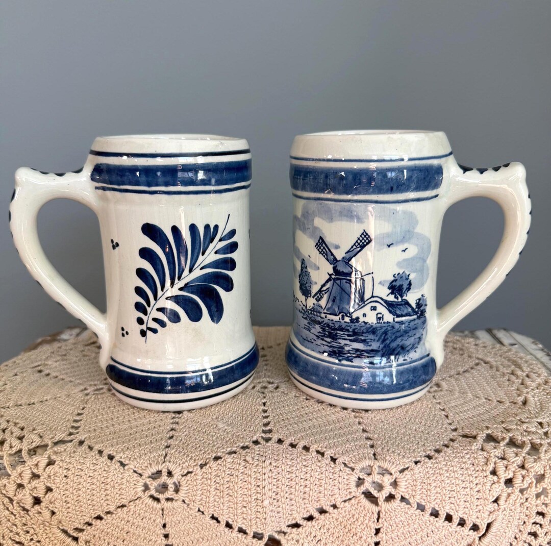 Vintage Hand-painted Delft Holland Small Beer Steins – Blue & White ...