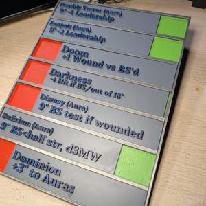 Puede incluir: Una pila de tarjetas de juego rectangulares grises con texto azul. Cada tarjeta tiene una sección de color, ya sea roja o verde. El texto incluye frases como "Doom" y "Darkness". Las tarjetas parecen ser para un juego de mesa.