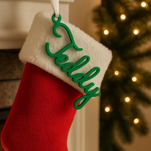 May include: A red Christmas stocking with a white faux fur cuff and a green name tag that says "Teddy". The stocking hangs from a white ribbon, with a blurred Christmas tree in the background.