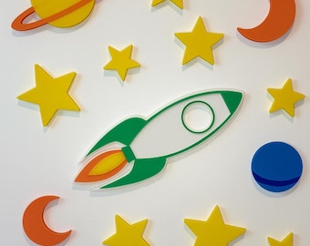 Decoración de pared espacial impresa en 3D: cohetes, planetas y estrellas (colores personalizados)