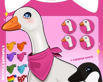 May include: A cartoon goose with a pink bandana and multiple bandana options. The goose is wearing a pink bandana with a white background. The text "SIMPLE PNGTUBER GOOSE" is at the top of the image. The text "@HAIIIIIZ" is at the bottom of the image. There are eight different bandana options in the image, including rainbow, red, blue, green, purple, and orange.