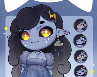 May include: A cartoon illustration of a blue-skinned character with long dark blue hair, wearing a light blue dress and a necklace. The character has yellow eyes with hearts in them and is crying. The character has a lightning bolt in their hair and a cloud earring with raindrops hanging from it. The image also includes four smaller images of the character with different facial expressions.