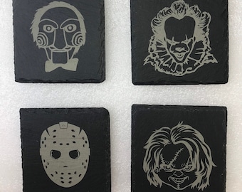 Horror Movie Inspired Set of 4 Salate Stone Laser Engraved Coasters/Chucky/Pennywise/Jason/Billy Jigsaw/horror Decor/Table top/coffee table