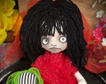 Gothic Raggedy Lydia Deetz Beetlejuice Doll/ooak/rag doll/raggedy doll/collectible/Art Doll/Halloween/Everyday decor/Fallow me eyes/Annie