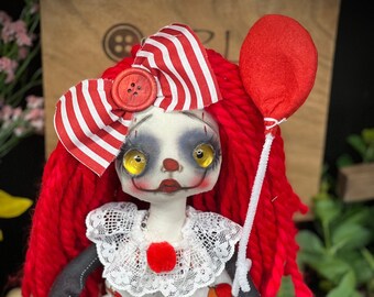 Gothic Raggedy Clown doll Penny OOak/Home decor/cute/Goth/follow me Glass eyes/creepycute/Tattered/Handmade/Rag/cloth doll/Gift/Pennywise