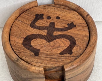 Taino Set of 4 wood Laser Engraved Coasters/Caddy/Coqui/Sun/Spiral/Turtle/Hieroglyphs/wood/Petrographs/Caribean/Puerto Rico/Wood Coasters