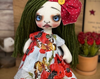 Gothic Raggedy Spring Summer doll POPPY OOak/Home decor/cute/follow me glass eyes/creepycute/Handmade/Rag doll/Cloth doll/unique/Holiday