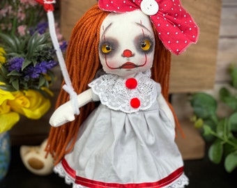 Gothic Raggedy Clown Penny doll OOak/Home decor/cute/Goth/follow me Glass eyes/creepycute/Tattered/Handmade/gift/Rag/cloth doll/Valentines