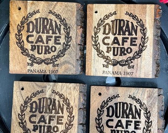 CAFE DURAN wooden Costers Laser Engraved/ table Decor/coffe table/bar/Panamanian coffee/Panama/Gift/Central America/raw wood/natural wood