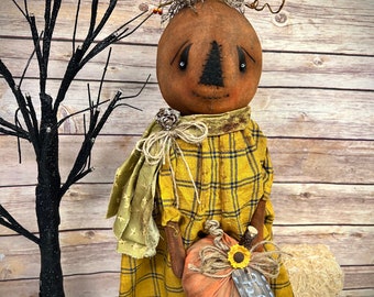 On Sale Folk Art Pumpkin Doll AURELIA ooak-Handmade-FAll-Autumn decor/Home decor/country Rustic/Halloween Season/FarmHouse/Primitive decor