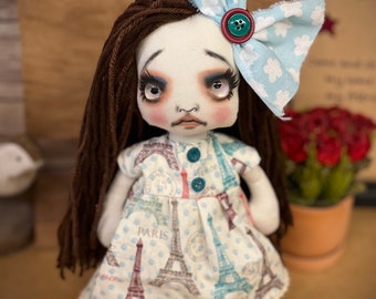 Gothic Raggedy doll COCO PARIS OOak/Home decor/cute/follow me glass eyes/creepycute/Handmade/gift/Rag doll/Cloth doll/unique/Holiday