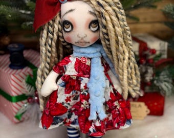 Creepy cutedoll Jenny OOak/Home decor/cute/Goth/painted eyes/creepycute/Handmade/gift/Rag/cloth doll/Christmas/Winter/Holidays/poinsetta