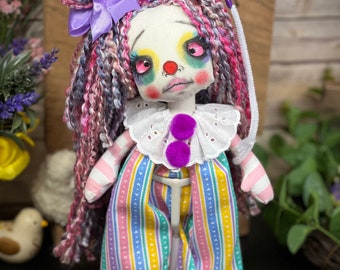Creepy Cute Clown CURLY Q /OOak Art Doll/Home decor/Follow me Glass eyes/creepycute/Handmade/gift/Rag doll/Gothic/Horror/Holiday/Creepy doll