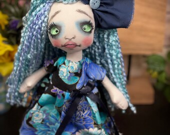 Gothic Raggedy Spring doll SKY OOak/Home decor/whimsical/glass follow me eyes/creepycute doll/Handmade doll/gift/Rag doll/Cloth doll/unique