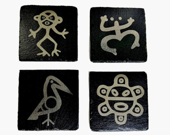 Taino Set of 4 Stone Laser Engraved Coasters/Coqui/Sun/Bird/Monkey/Hieroglyphs/Slate/Petrographs/Caribean Decor/Cocktail/Table top