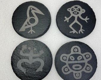 Taino Set of 4 Stone Laser Engraved Coasters/Coqui/Sun/Bird/Monkey/Hieroglyphs/Slate/Petrographs/Caribean Decor/Cocktail/Table top