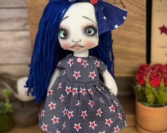 Gothic Raggedy Doll LIBERTY OOak/Patriotic/Home decor/Goth /glass eyes/creepycute/Handmade/Rag doll/Cloth doll/Peace/Holiday/red/white/blue