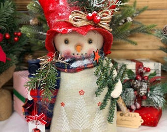 Muñeca de nieve caprichosa / Muñeco de nieve de arte popular / Muñeca primitiva de tronco / Única - Hecha a mano - Decoración navideña de invierno / Decoración para el hogar / Decoración de granja campestre