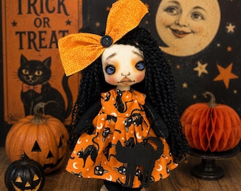 Creepy cute doll KAT OOak/Home decor/cute/follow me glass eyes/gothic raggedy/Handmade doll/Rag doll/Cloth doll/Holiday/black cat/crescent