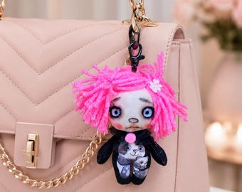 Mini creepy doll Keychain Panda/Handbag Charm Doll OOak/glass eyes/Handmade doll/Rag doll/Cloth doll/unique/Holiday/Purse handbag accessorie