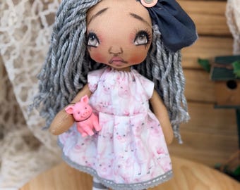 Gothic Raggedy Doll PIGGY SUE/OOak/Home decor/hand painted eyes/Handmade/Rag doll/cloth doll/Holidays/pig/pigglet/chanchito/cerdito/marrano