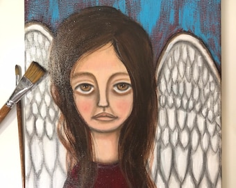 Original Mixed Media Acrylic Painting-My Angels Face-whimsical-home decor-hand painted-Angel-Religius-spiritual-inspirational-Omayra CR