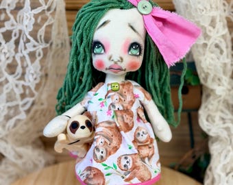 Gothic Raggedy Doll LEICY BEAR /OOak/Home decor/hand painted eyes/Handmade/Rag doll/cloth doll/Holidays/Sloth/lazy bea/oso peresoso/tropical