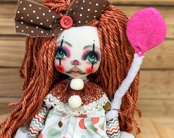 Gothic Raggedy clown Dolls ROSE OOak/colorful/Home decor/Goth dolls/hand painted eyes/creepycute/Handmade/Rag doll/Cloth doll