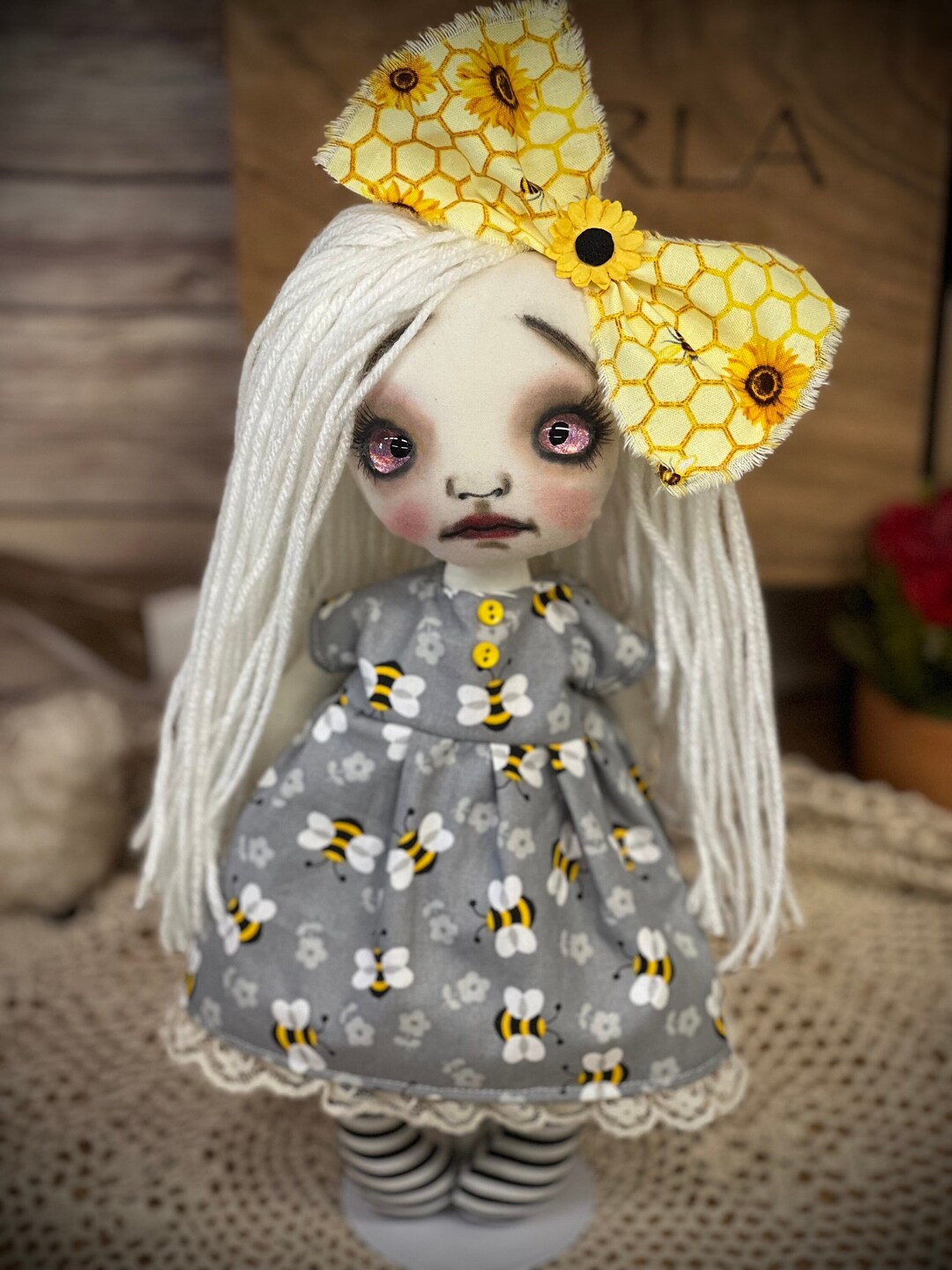 Gothic Raggedy Doll HONEY Bee Ooak/home Decor/cute/follow Me Glass Eyes ...