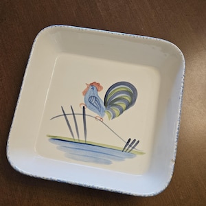 Vintage Blue Stipple Rooster 11-Inch Square Casserole Dish by Los Angeles Pottery / N.S. Gustin