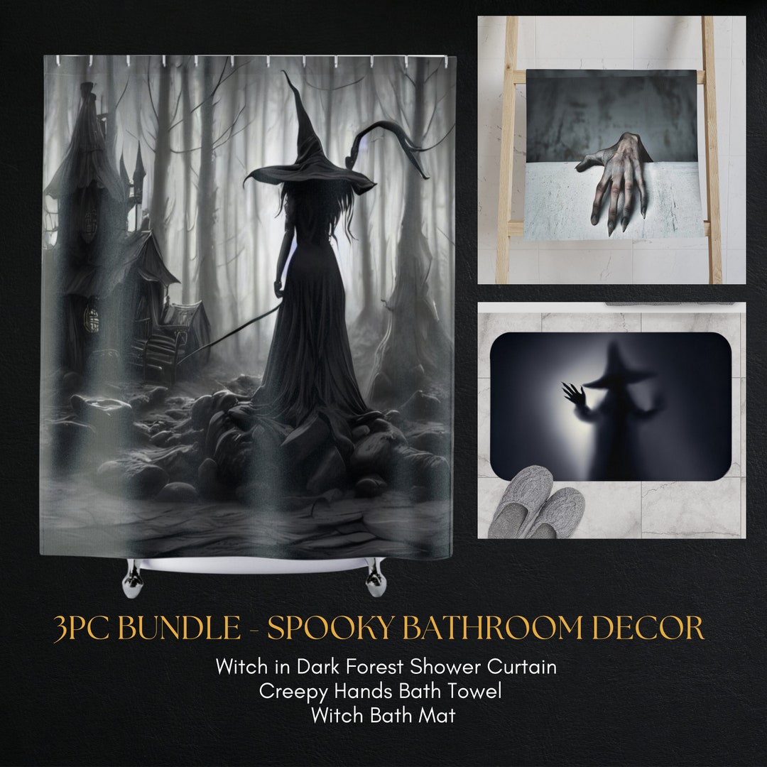 Spooky Bathroom Decor Bundle, Witch in Dark Forest Shower Curtain
