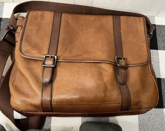 Fossil Brown Tan Leather Double Pushlock Large Briefcase Messenger Crossbody Bag