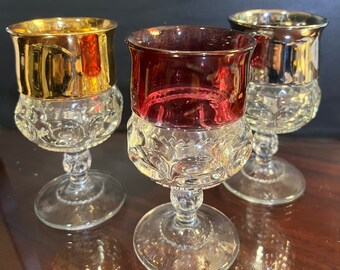 King Crown Cranberry Gold Silver Flashed Thumbprint Goblets 5.5" set of 3