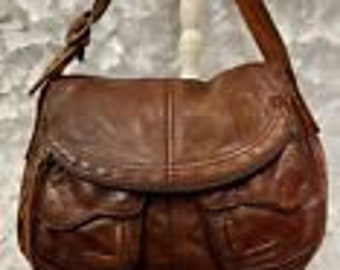 Lucky Brand Vintage Brown Lamb Leather Stash Fold over Fold Over Purse Bag Hobo