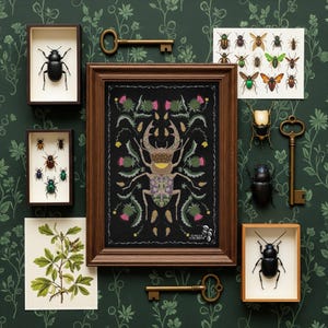 Vintage beetle print, cottagecore wall art, antique beetle wall art, embroidery style, insect wall art, a gift for a nature lover, beetle