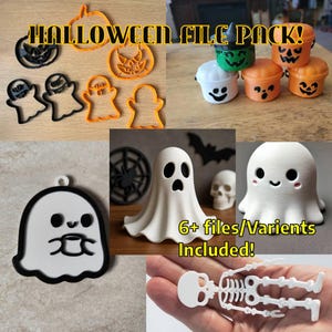 May include: A selection of 3D-printed Halloween decorations. Features pumpkin and ghost cookie cutters, small buckets with jack-o'-lantern faces, a ghost figurine, a spider web, a skull, a bat, and a skeleton. The text "HALLOWEEN FILE PACK!" is displayed.