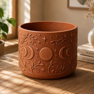 Può includere: Un vaso cilindrico color terracotta caratterizzato da motivi celesti in rilievo, tra cui una luna piena centrale, lune crescenti e stelle sparse, intrecciati con delicati disegni di foglie e viticci in rilievo sulla superficie esterna.