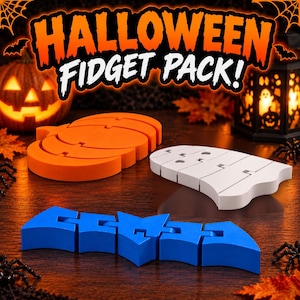 May include: A Halloween fidget pack featuring three articulated plastic toys: an orange pumpkin, a white ghost, and a blue bat. The text HALLOWEEN FIDGET PACK! is displayed in large orange and white letters above the objects.
