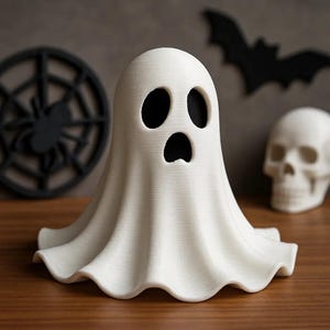 May include: A white ghost ornament with large black eye and mouth cutouts. The ghost has a draped sheet design and sits on a wooden surface. A black spiderweb and bat silhouette are in the background, along with a white skull.